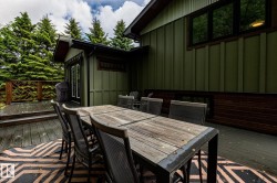 Expansive outdoor deck featuring wood-finish flooring and a geometric pattern rug - 