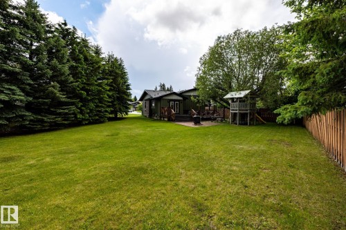 Expansive green lawn with mature evergreen trees bordering one side - 27 Danforth Crescent, St. Albert, AB 
