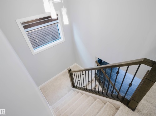 Staircase featuring carpeted treads, dark wood-finish handrail, and black metal balusters - 2526 Wonnacott Loop, Edmonton, AB 