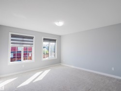 Carpeted room featuring two windows with blinds, light gray walls, and white baseboards - 