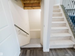 Carpeted staircase with wrought iron balusters, wood-finish flooring, and a white interior door - 