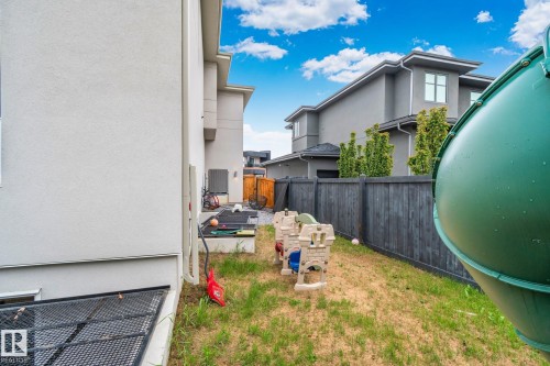 Gated side yard with a dark wood privacy fence and established trees - 4509 Wingfield Bay Bay, Edmonton, AB 