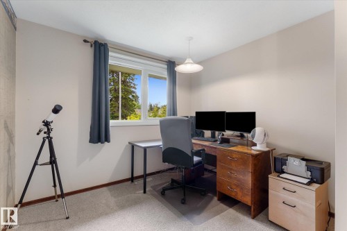 Bright room featuring a window with exterior tree views, neutral wall paint, and light-toned carpeting - 15112 76A Avenue, Edmonton, AB 