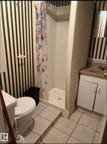 Compact full bathroom featuring a stand-up shower, toilet, and vanity with an integrated sink - 9209 150 Street, Edmonton, AB 