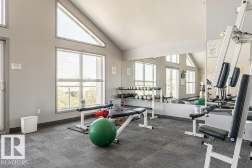 Fitness center featuring ample natural light, a mirrored wall, and carpet flooring - 101 10421 42 Avenue, Edmonton, AB 