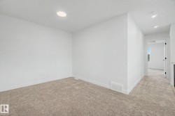 Neutral-toned carpeting and white walls define this interior space, featuring a recessed ceiling light - 