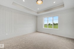 Tray ceiling with recessed lighting and a central flush-mount fixture, large window overlooking a verdant landscape, textured carpet flooring, and decorative wall molding - 