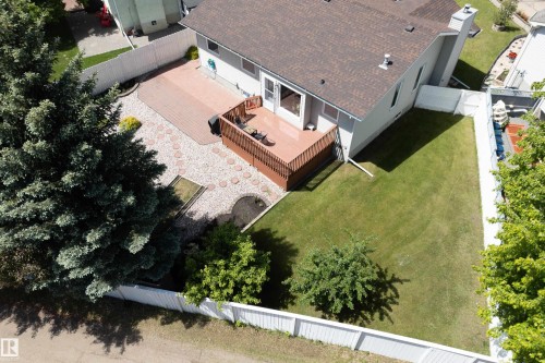 Spacious backyard featuring a large wood deck, extensive paved patio, lush green lawn, mature evergreen trees, and perimeter fencing - 5607 188A Street, Edmonton, AB 