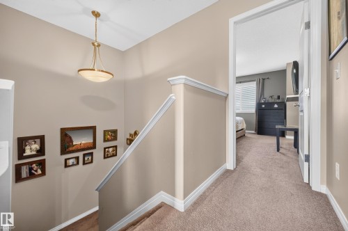 Carpeted stairway and hallway leading to a bedroom featuring a window with blinds, dark furniture, and a built-in light fixture - 74 Santana Crescent, Fort Saskatchewan, AB 