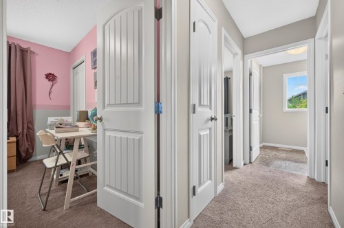 Carpeted hallway with white trim, multiple paneled doors, and a distant window providing natural light - 74 Santana Crescent, Fort Saskatchewan, AB 