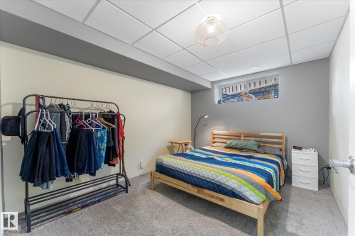 Carpeted bedroom with a window, white drop ceiling, and light-toned walls - 488 Macewan Road, Edmonton, AB 