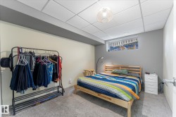 Carpeted bedroom with a window, white drop ceiling, and light-toned walls - 