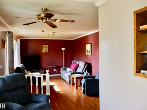 Spacious living area featuring wood-finish flooring, a ceiling fan, and crown molding - 5530 46 Street, Barrhead, AB 