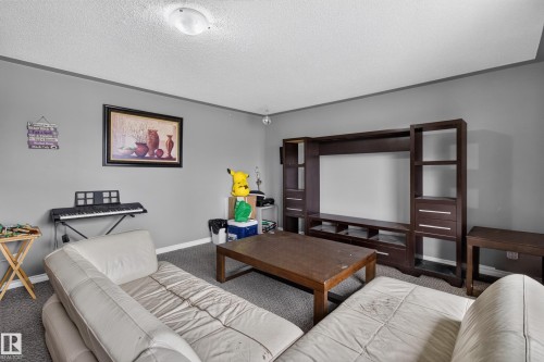 Carpeted living area featuring a built-in media console with open shelving and drawers, neutral gray wall paint, and a ceiling-mounted light fixture - 9315 132A Avenue, Edmonton, AB 