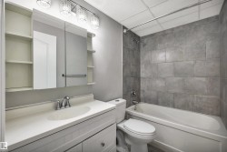 Full bathroom featuring a vanity with integrated sink, chrome faucet, and cabinet storage - 