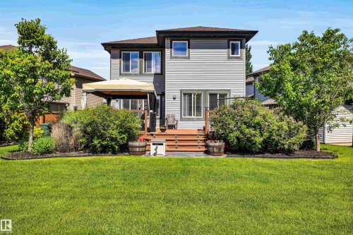 Expansive backyard featuring a manicured lawn, multi-level wood-finish deck with integrated steps, and mature perimeter landscaping - 18 Voleta Crest, Spruce Grove, AB 