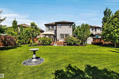 Expansive backyard featuring a lush lawn, mature trees, and privacy landscaping - 18 Voleta Crest, Spruce Grove, AB 