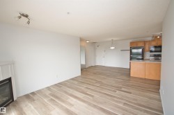 Open-concept living area with wood-finish flooring, a contemporary fireplace, and recessed lighting - 