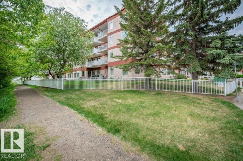 Multi-story building exterior featuring a red and tan facade, multiple private balconies, and mature evergreen trees - 316 2011 137 Avenue, Edmonton, AB - Outdoor With Balcony