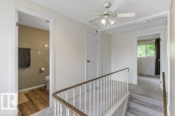 Hallway featuring textured carpeting and a white painted railing with a brass-finish top - 