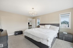 Spacious bedroom featuring light neutral wall tones, plush carpet flooring, a contemporary chandelier, and multiple windows with roller blinds - 