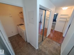 Dedicated laundry area with shelving, complemented by a mirrored closet door - 