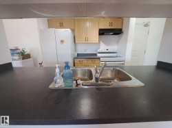 Kitchen featuring a double basin stainless steel sink set into a dark countertop - 