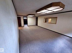 Carpeted room featuring multiple dark wood interior doors and trim - 