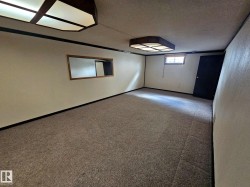 Carpeted room featuring a window with blinds, a built-in shelf or pass-through opening, a dark-toned door, and two ceiling-mounted light fixtures - 