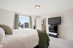 Bright bedroom featuring a sliding glass door, light-toned carpeting, and a flush-mount ceiling fixture - 