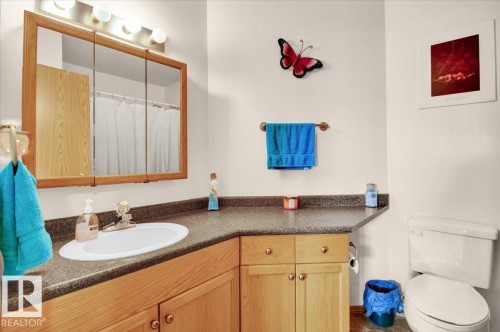 Bathroom vanity featuring wood-finish cabinetry, a white oval sink, and a dark speckled countertop - 5506 53St, Mundare, AB 