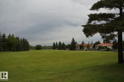 Expansive green space featuring a large manicured lawn and mature evergreen trees - 25 8930 99 Avenue, Fort Saskatchewan, AB 