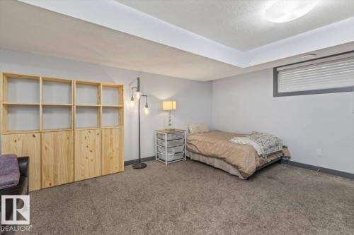 Spacious room featuring light gray walls, dark gray trim, and textured gray carpeting - 3 7210 96 Street, Edmonton, AB - Indoor Photo Showing Bedroom