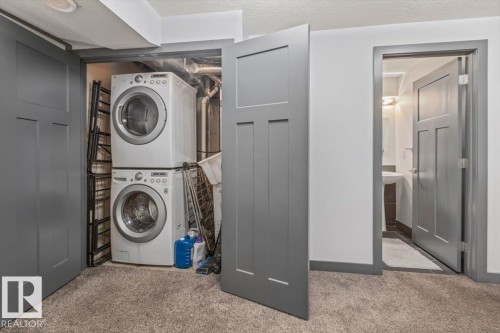 Dedicated laundry area with stacked appliances, complemented by contemporary gray doors and light-colored carpeting - 3 7210 96 Street, Edmonton, AB - Indoor Photo Showing Laundry Room