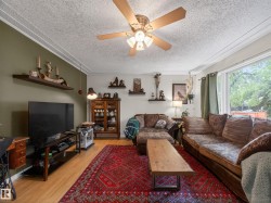 Living room featuring wood-finish flooring, a large picture window, and a ceiling fan with integrated lighting - 