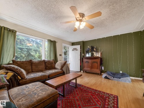 Spacious living area featuring wood-finish flooring, a large window overlooking mature trees, and crown molding - 10809 150 Street, Edmonton, AB 