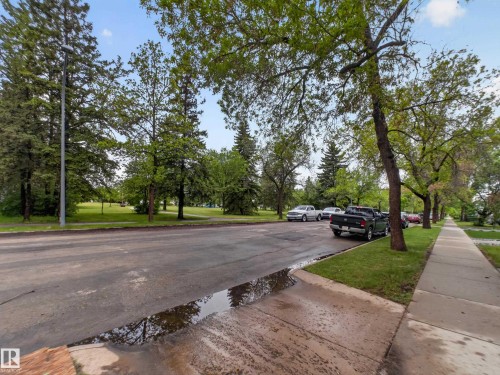 Street-level perspective featuring mature trees, paved sidewalk, and a manicured green space - 10809 150 Street, Edmonton, AB 