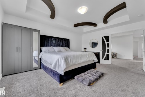 Recessed tray ceiling with dark accent beams, light gray carpet flooring, and a contemporary frosted glass door - 2630 16A Avenue, Edmonton, AB 