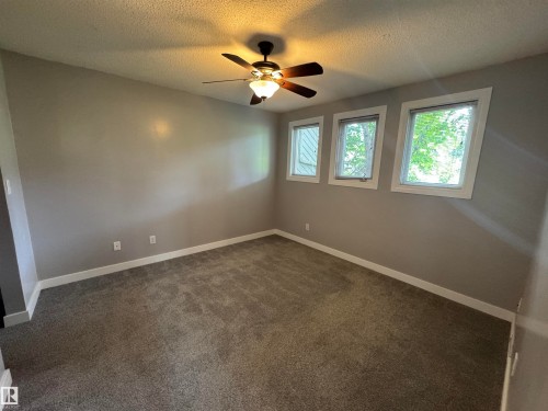 Spacious room featuring neutral carpeting, a ceiling fan with integrated lighting, and three distinct windows providing ambient illumination - 6441 180 Street, Edmonton, AB 