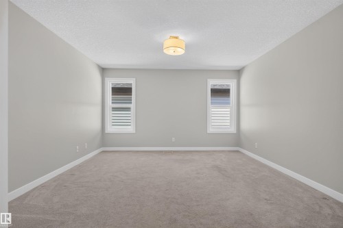 Spacious room featuring neutral paint, soft carpet flooring, white trim, two windows with horizontal blinds, and a flush-mount ceiling light fixture - 9432 229 Street, Edmonton, AB 