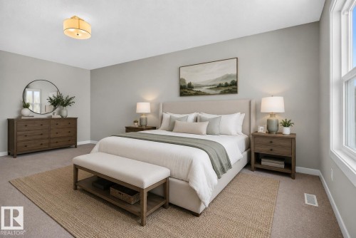 Carpeted room featuring a double-paned window, neutral wall tones, and an overhead drum light fixture - 9432 229 Street, Edmonton, AB 
