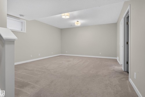 Spacious room featuring neutral carpeting, light gray wall paint, and white trim - 9432 229 Street, Edmonton, AB 