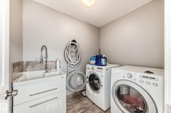 Dedicated utility space featuring a laundry sink with a gooseneck faucet, light gray wall paint, wood-finish flooring, and a ceiling-mounted light fixture - 