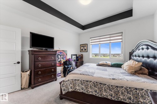 Recessed ceiling with contrasting accent, large window with roller shades, light-colored carpeting, white interior door with black hardware, and an overhead light fixture - 94 Elm Street, Fort Saskatchewan, AB 