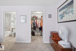 Carpeted interior space featuring a walk-in closet and access to a full bathroom with a tub/shower combination and wood-finish flooring - 