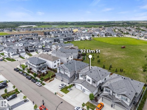 Aerial perspective showcasing a residential area with modern homes - 92 Elm Street, Fort Saskatchewan, AB 