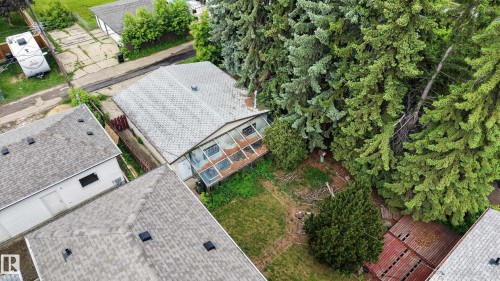 The property features a shingle roof, a greenhouse structure, a backyard with grass and mature trees, and a wooden fence boundary - 10924 154 Street, Edmonton, AB 