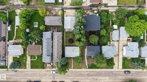 Aerial perspective showcasing a residential street with multiple properties - 10924 154 Street, Edmonton, AB 