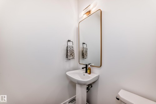 Pedestal sink with black faucet, complemented by a rectangular mirror with a gold-tone frame - 4231 206 Street, Edmonton, AB 