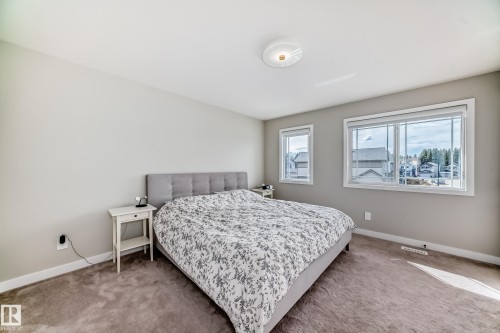 Carpeted room featuring two windows with white trim, a flush-mount ceiling light fixture, and neutral-toned walls - 4231 206 Street, Edmonton, AB 